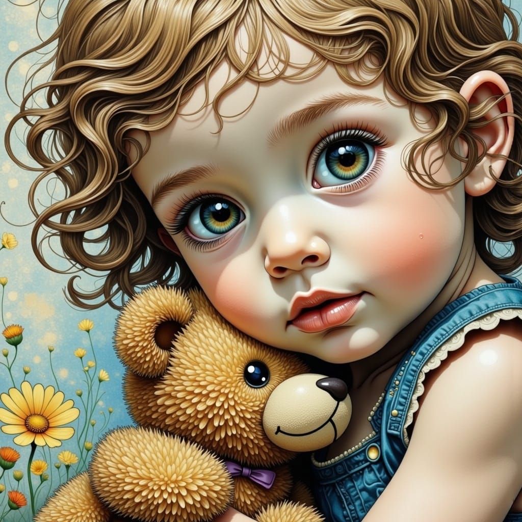 <lora:Bold:1.0> Super Close up portrait alcohol ink study  whimsical scene, a small child cuddling a fluffy  teddy bear, well loved, a bit r...