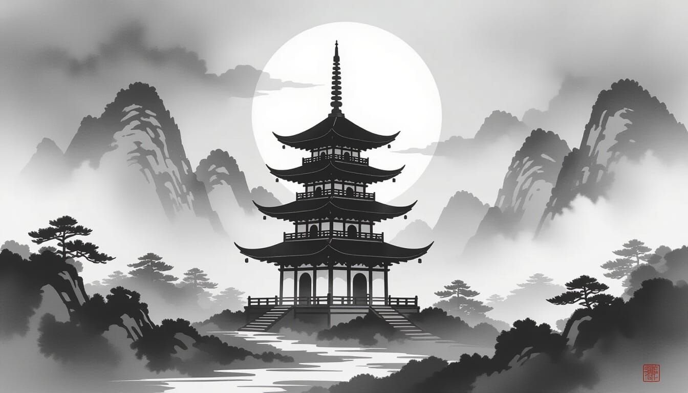 Sumi-e Pagoda in Void: Enduring Essence