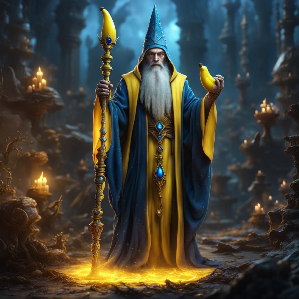 Evil wizard holding his banana staff, the staff is a yellow ...