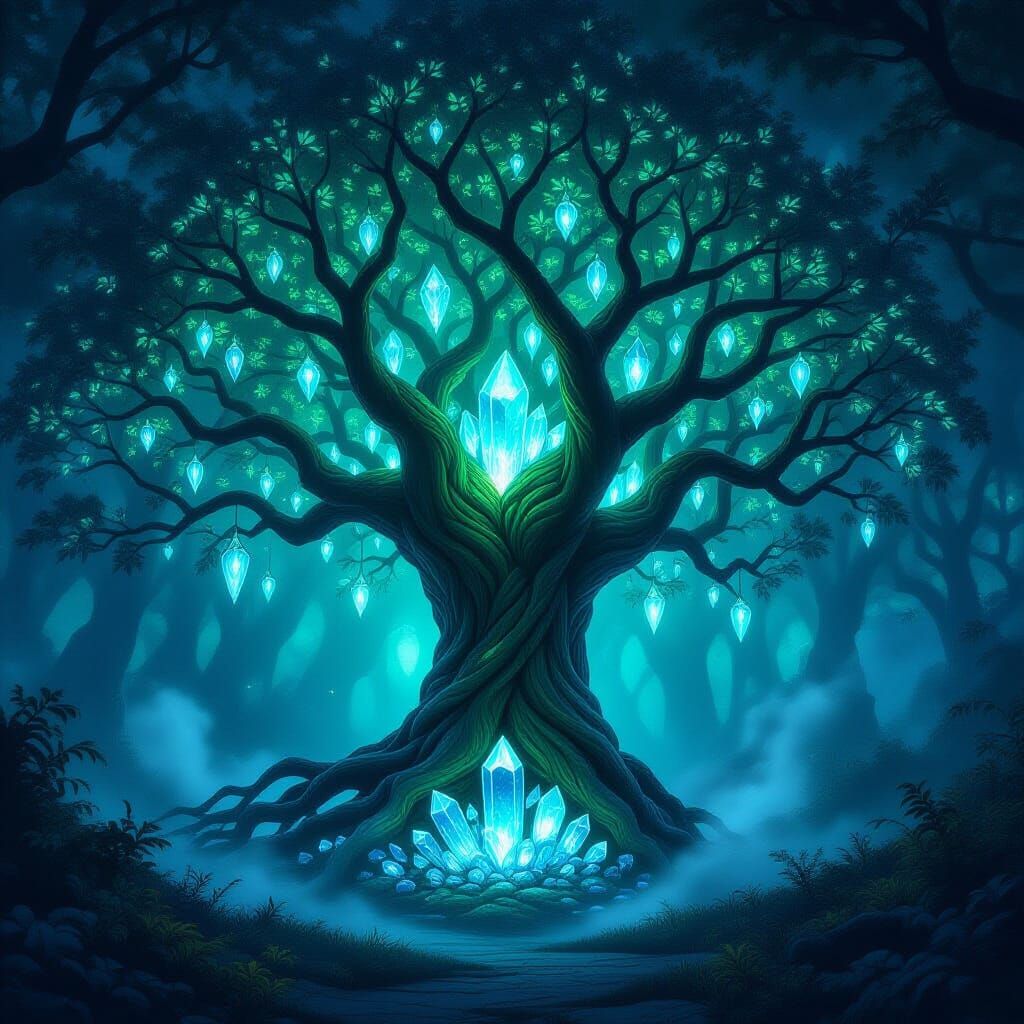 A majestic, ancient tree with bioluminescent leaves stands in a mystical forest clearing. Its roots intertwine with glowing crystals, and et...