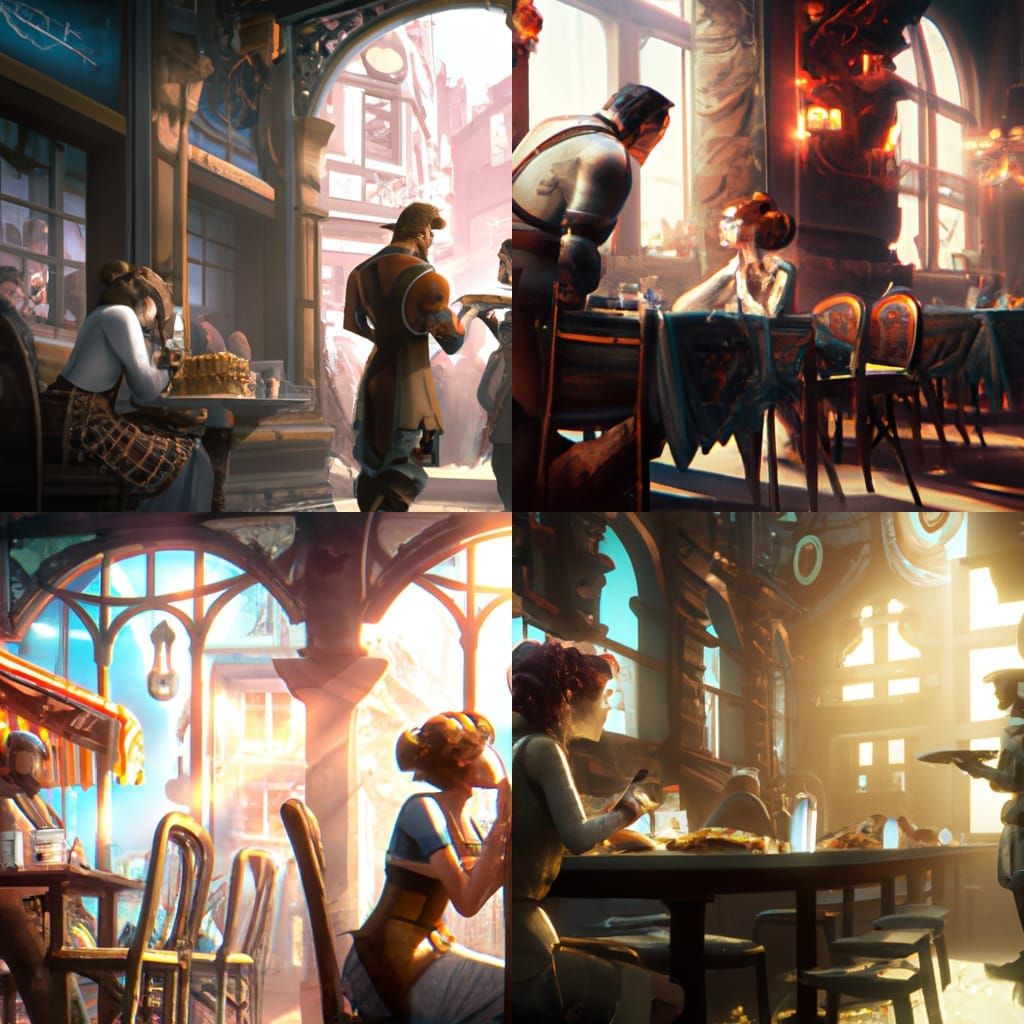 A man eating a belgian waffle in a cafe next to a waitress