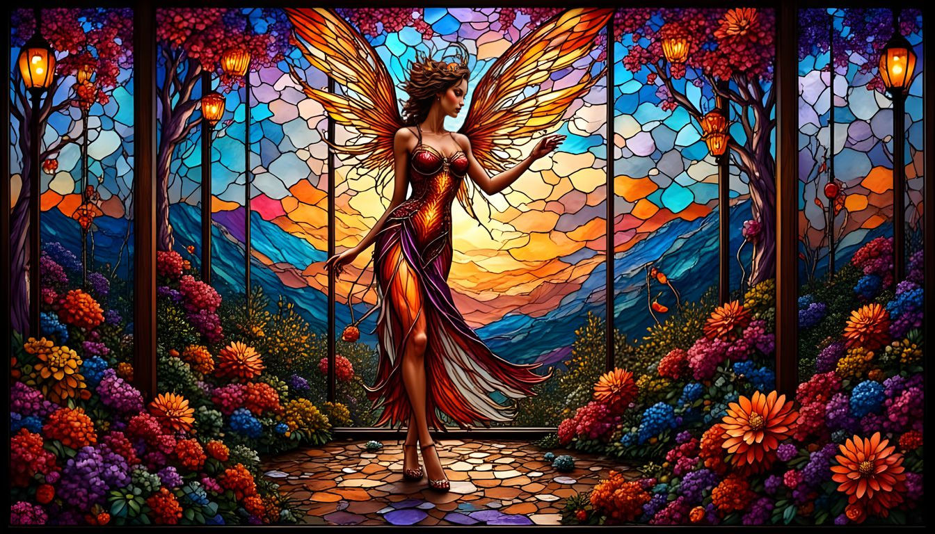 3d Stained Glass art of Whimsical Fantasy, Fairy bar,dancing, alcohol ink, Vibrant saturated colors, Andrea Kowch, Luis Royo

<lora:DarkStai...