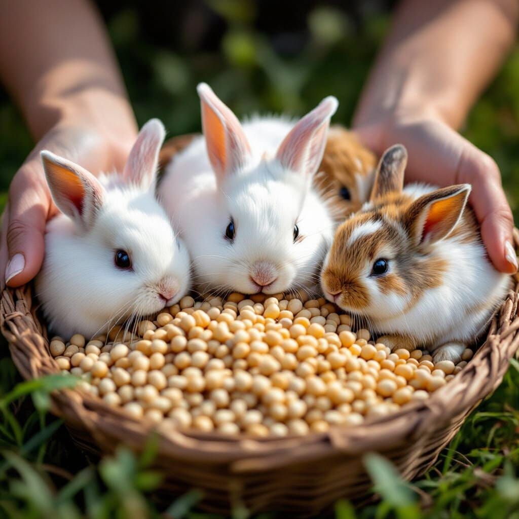 White Rabbits Eating Lettuce in Garden