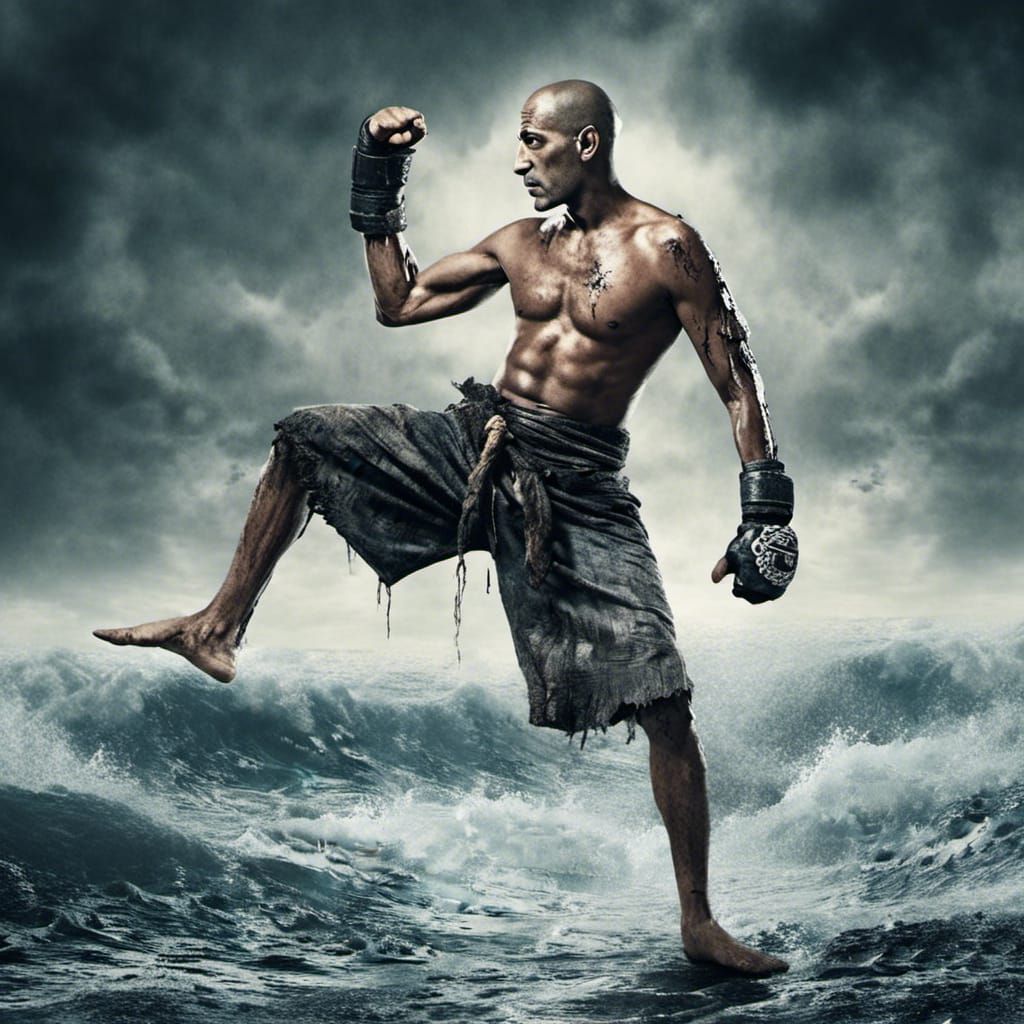 "A fierce Muay Thai kickboxer <lora:Gully face :1.0> standing in a dynamic pose, with one prosthetic arm, dressed in tattered, ocean-drenche...