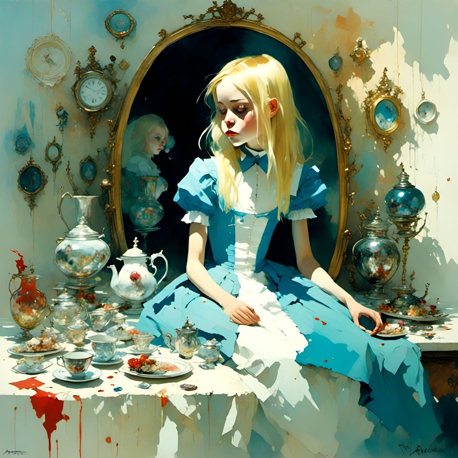 Alice in Wonderland, sadness <lora:LapiWatercolor:1.0> <lora:LapiScape:1.0> 