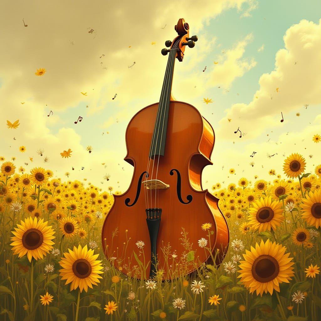 Gigantic Cello in Sunflower Field, Ghibli Style