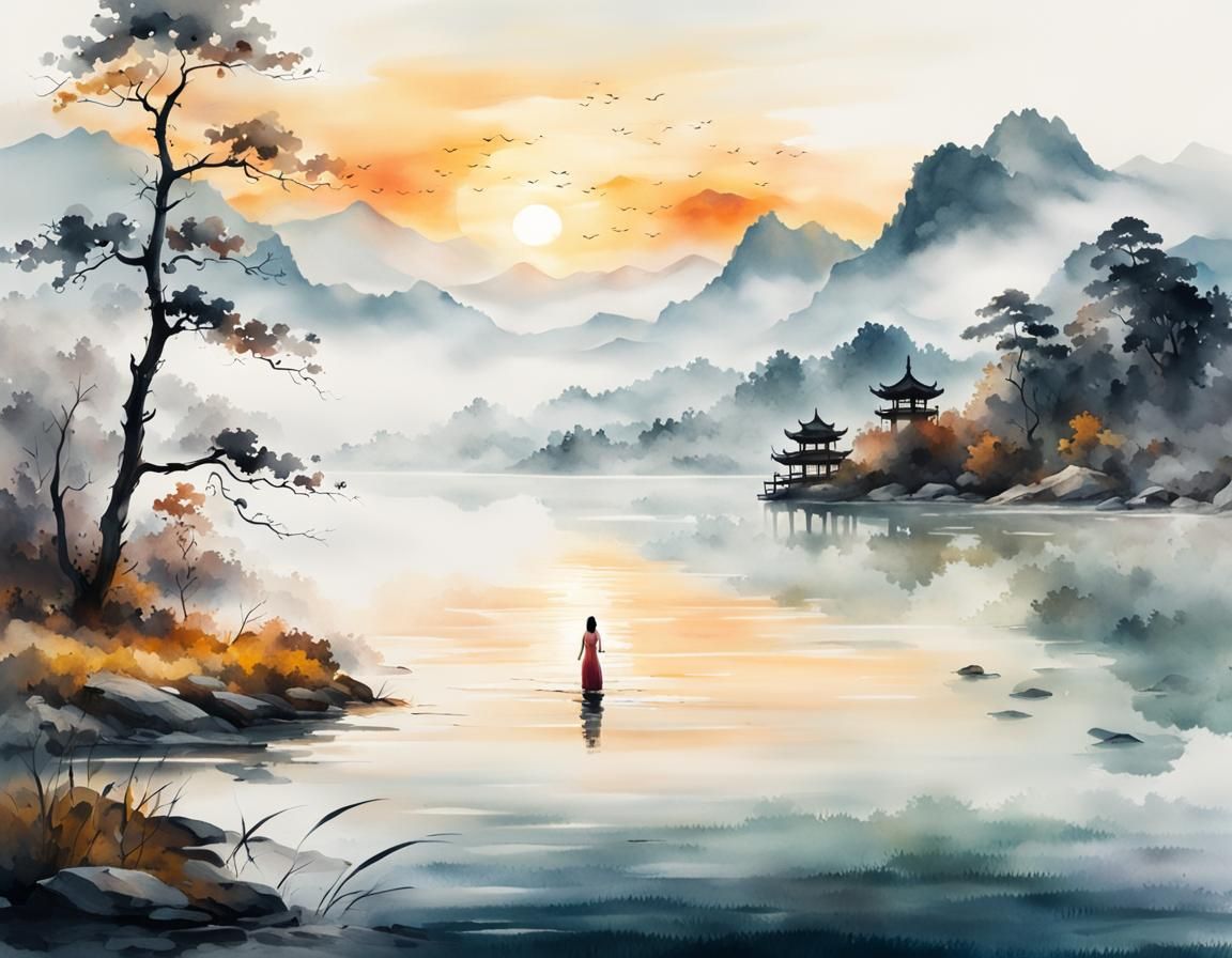 Forest, lake, summer, evening, sunset, fog over the water, distant mountains, backlight. woman comes ...  by @CineGiraffe