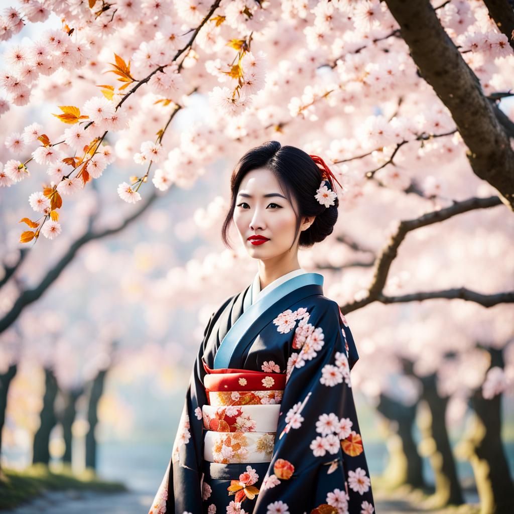 A young Asian woman wearing a traditional Japanese kimono wi...