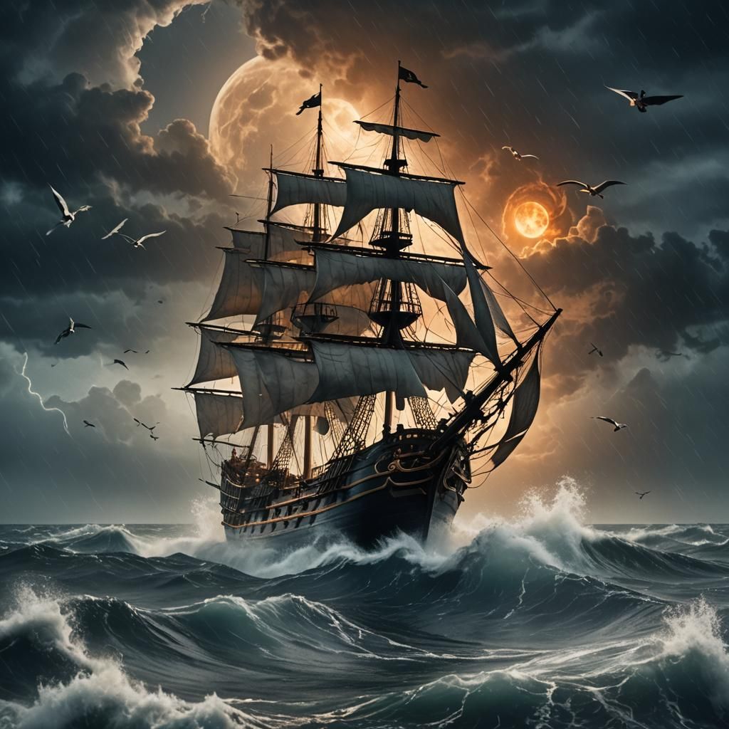 The pirate ship flies against the storm over the sea with its sail wings. The waves are raging, the fish are running away from the storm. Th...