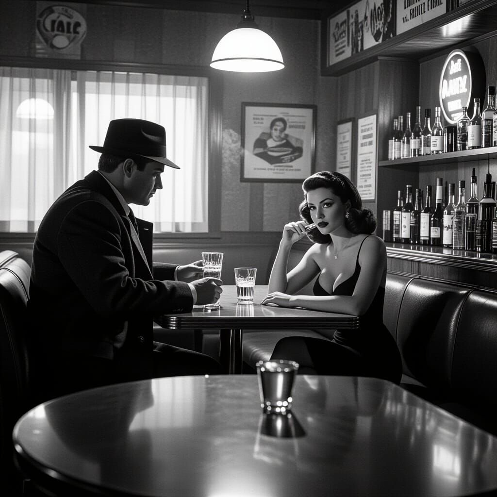 Vintage film noir monochromatic image of a 1950s suspense detective movie. A mysterious stranger enters ...  by @werxx82
