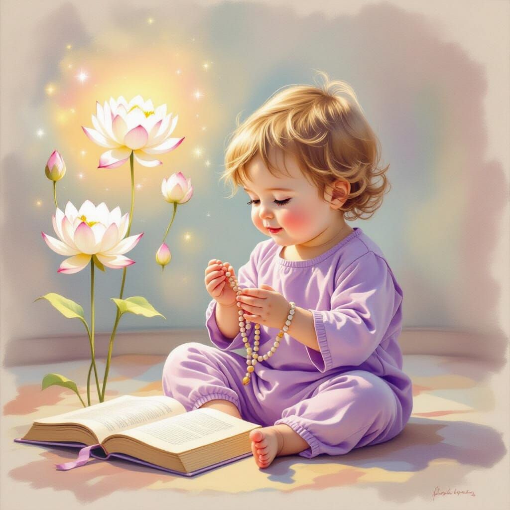 Toddler with Prayer Beads and Lotuses in Soft Light