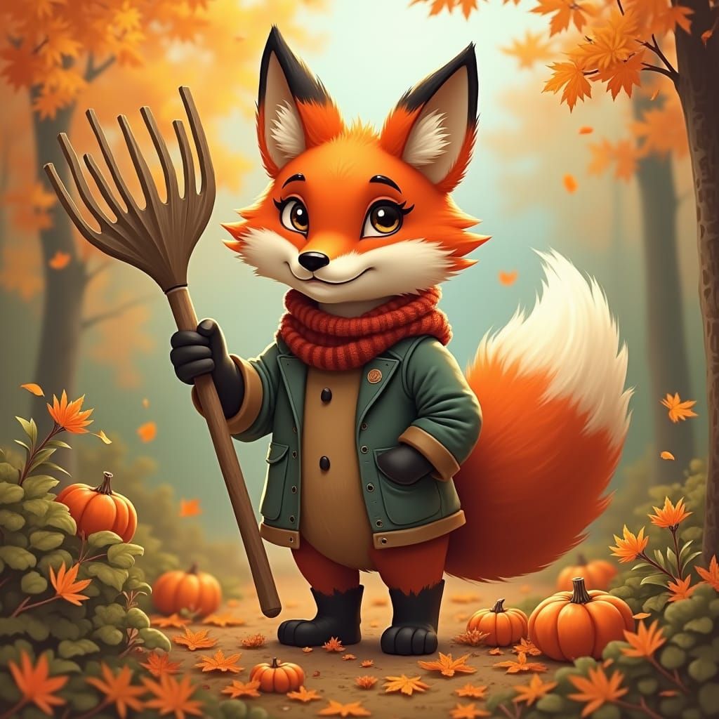 Anthropomorphic Fox as an autumn gardener with a rake