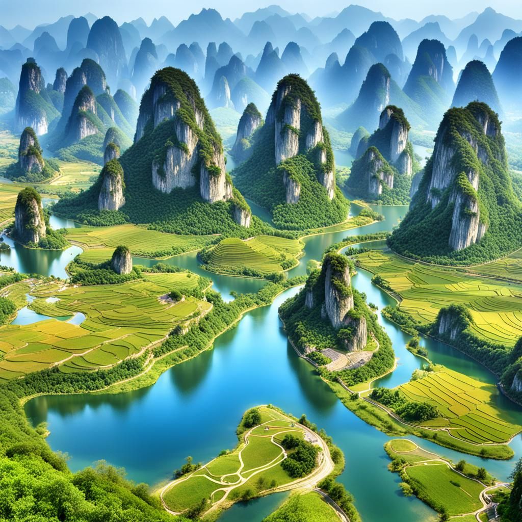 Hyperrealistic Guilin Landscape with Karst Landforms