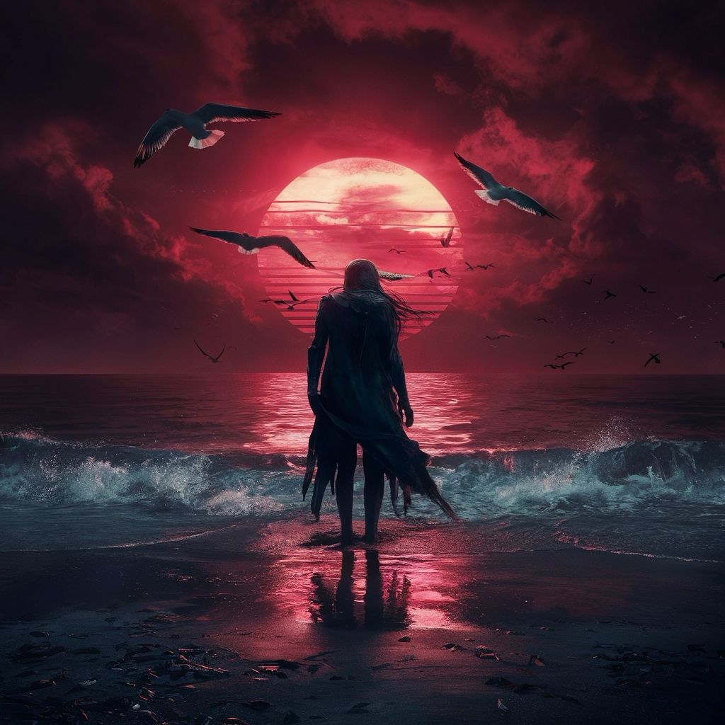 Crimson Horizon: Solitude by the Sea