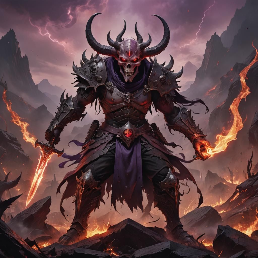 A menacing figure, possibly a warrior or a demon, with a sku...