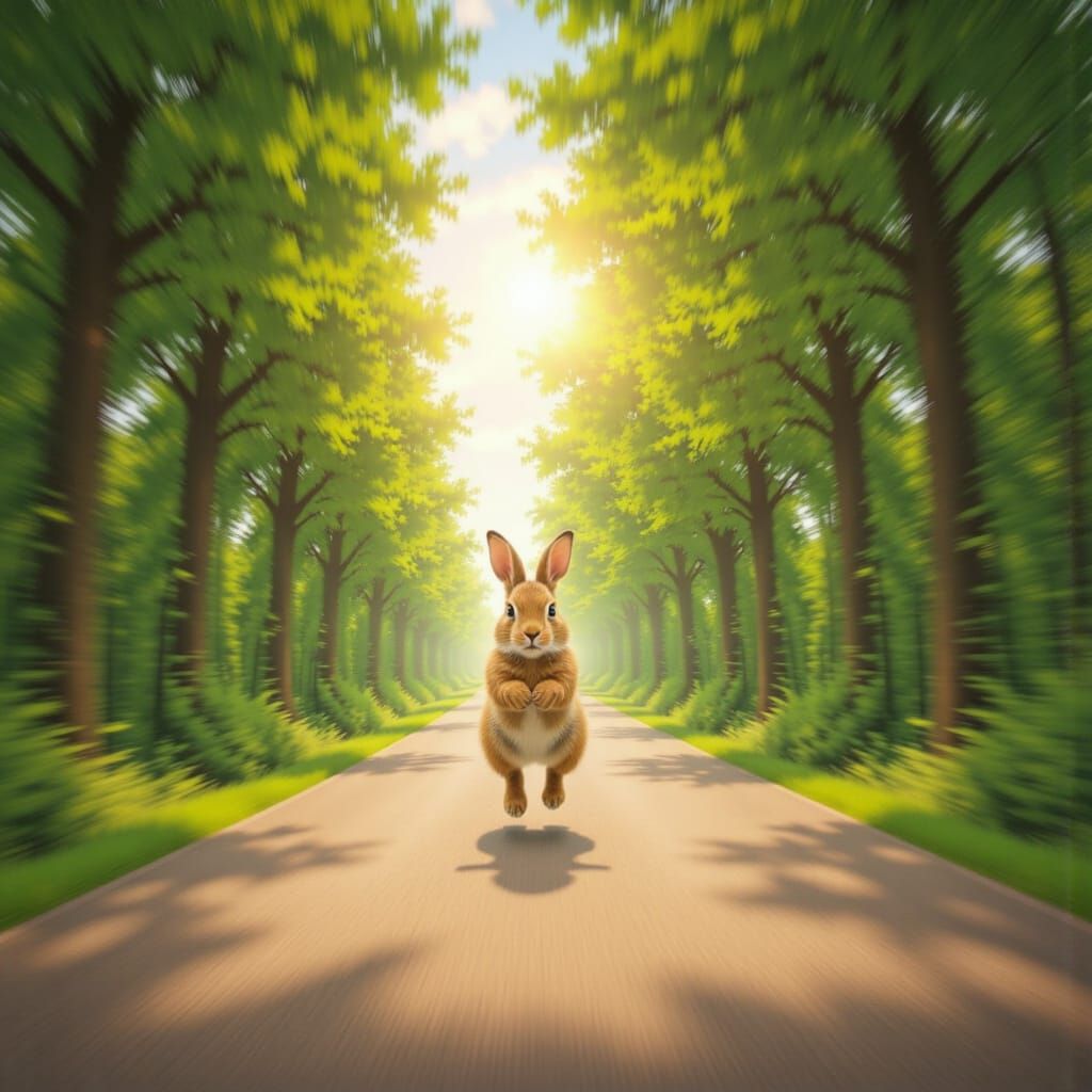<lora:Motion Blur Speed:1.5>rabbit running  down tree lined forest