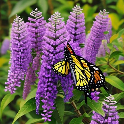 A butterfly bush, colorful butterflies, bright, vibrant