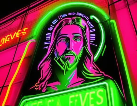 <lora:Neon Glow:1.0> A neon sign that reads "Jesus Saves" (perfectly drawn neon signage "Jesus Saves":1.1)