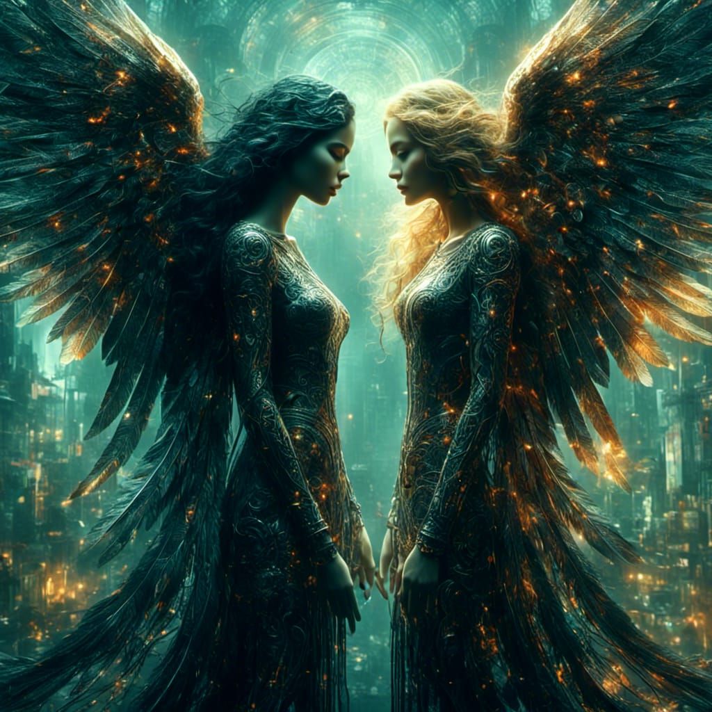 Angelic Contrast: Dark and White Angels