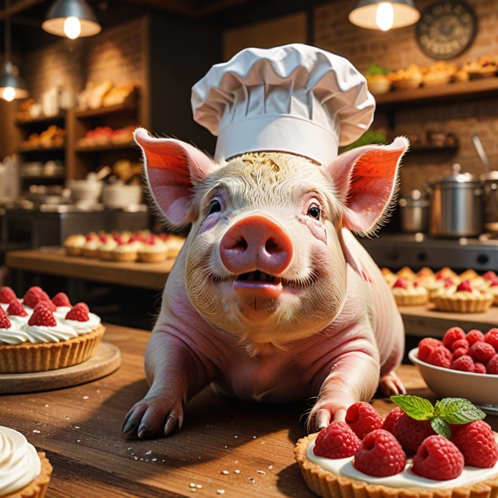 Pig Chef Enjoys Raspberry Tart in Bakery