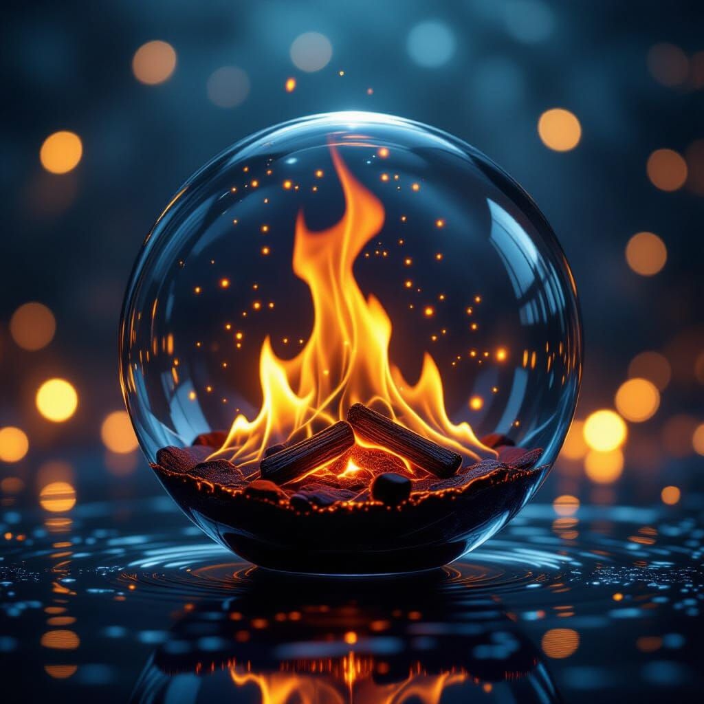 Fiery Glass Sphere Amidst Shimmering Lights