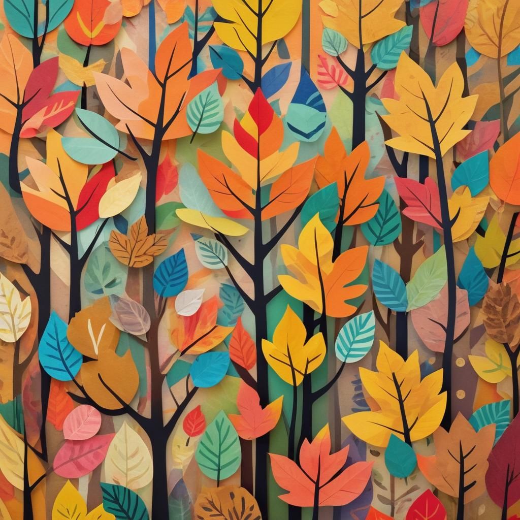 A colorful collage of layered paper leaves in different shap...