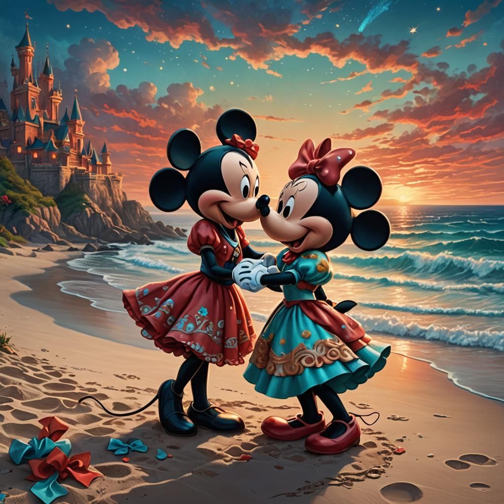 Mickey and Minnie Mouse: Beach Kiss at Dusk