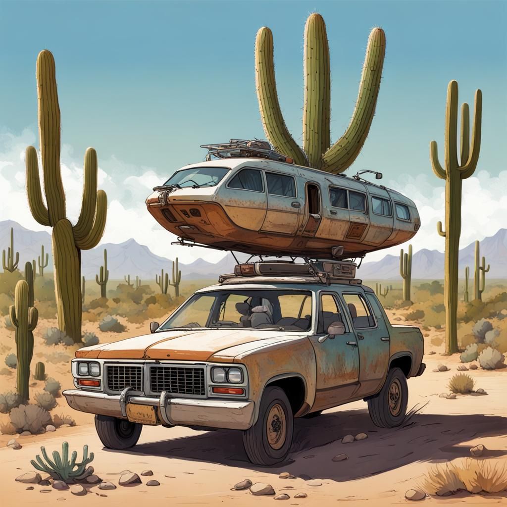 Desert vehicle, battered and dirty looking, with a two-passe...