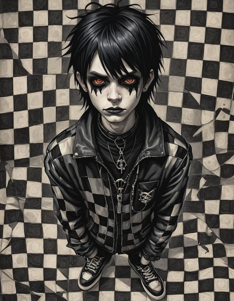 emo scenecore goth teen boy character checkerboard background - AI  Generated Artwork - NightCafe Creator