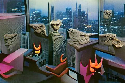 Menacing gargoyles observe the city skyline