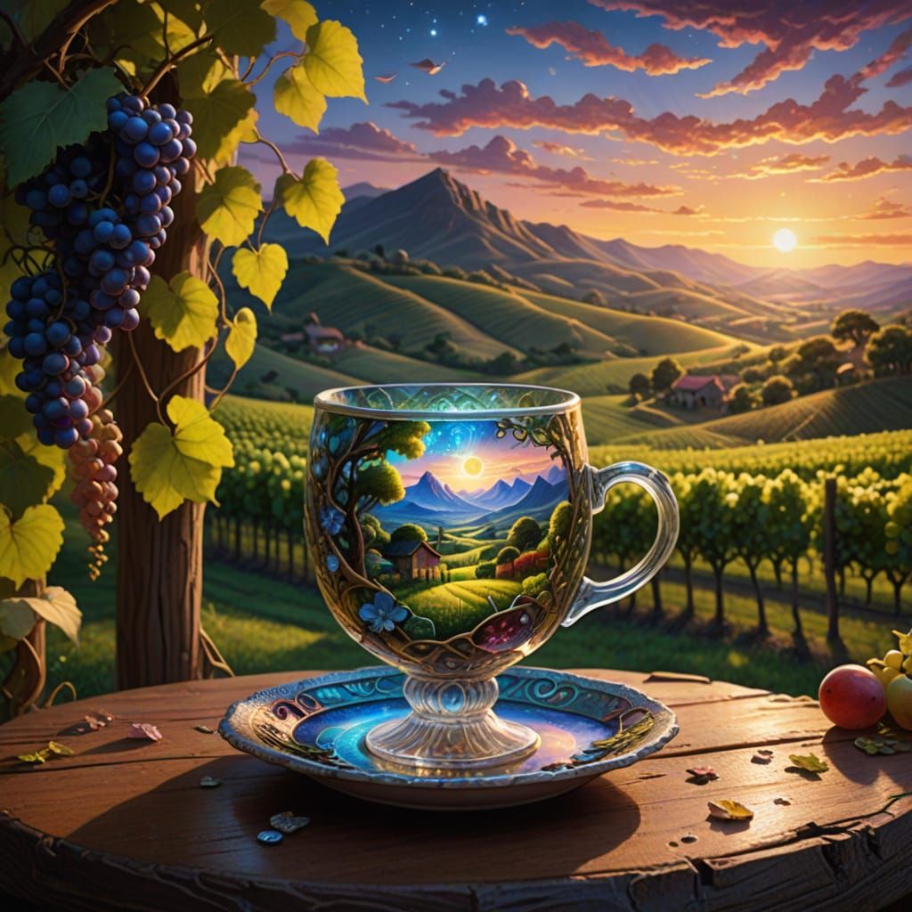 A glass teacup sits on a weathered wooden table in the middle of a vineyard, holding a breathtaking landscape ...  by @Elviira 