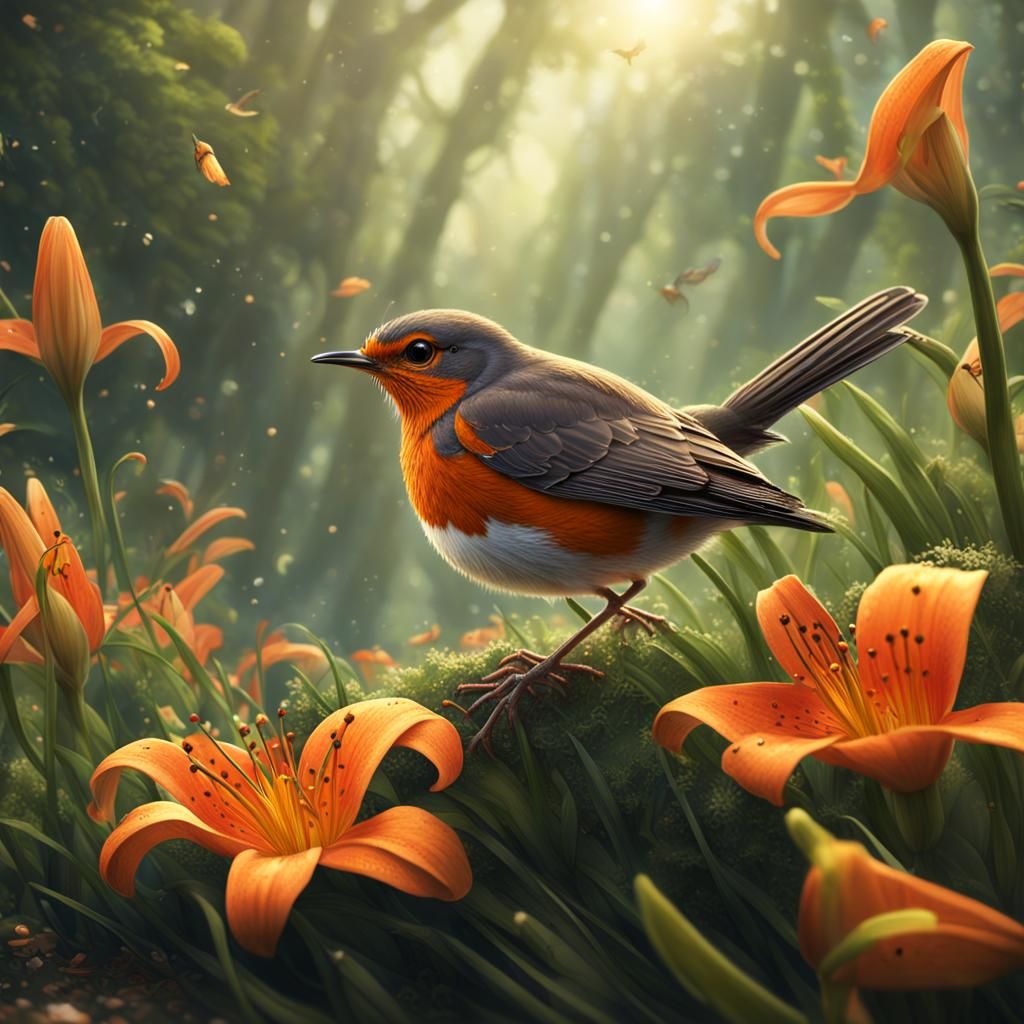 a robin finds a worm on a warm spring day in some tiger lili...
