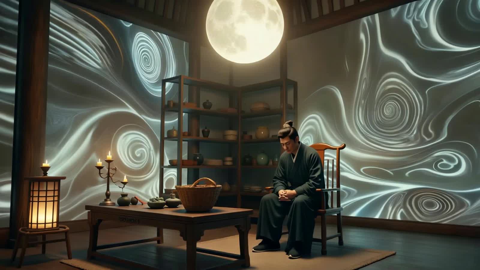 A solitary figure sits in a dimly lit, cluttered room, bathed in the ethereal glow of a single, oversized moonlamp. The ...