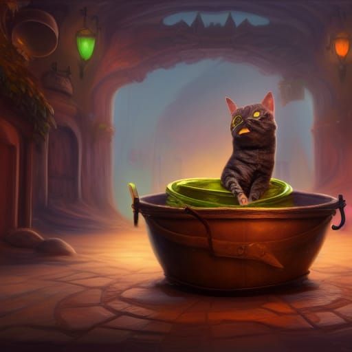 Cat waiting a wich hat in a cauldron