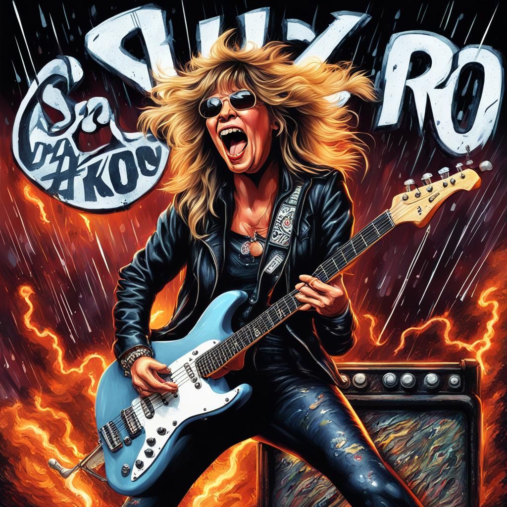 "Create a hyper-realistic image with "Suzy Quatro "as a rock...