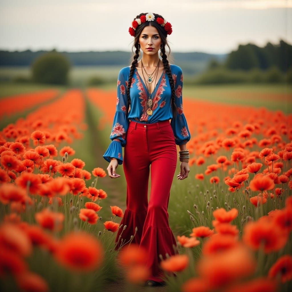 <lora:Hippie Flux:1.0>   full length photo of a beautiful brunnette woman, black hair, a headband, flower pattern blue blouse and red bell-b...