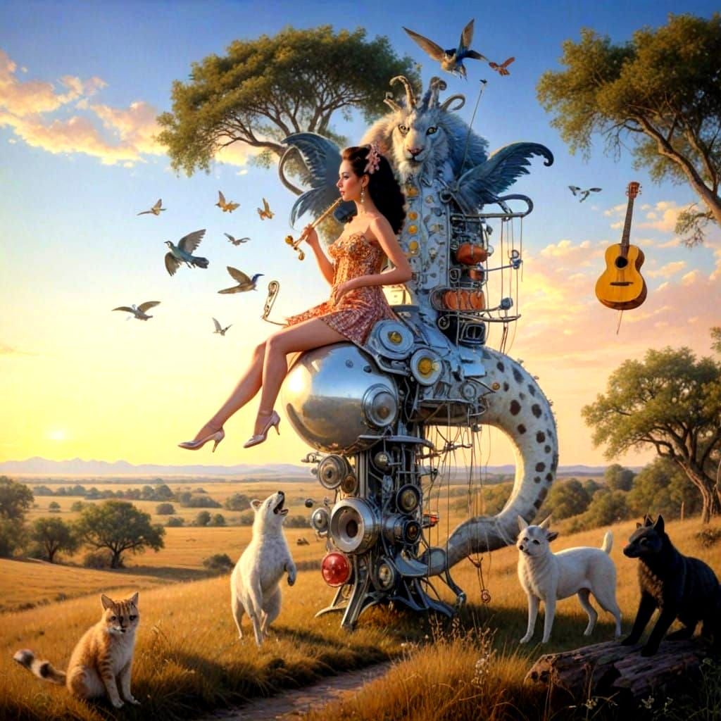 A Lady in Extravagant 1960s Attire in a Surrealistic Scene