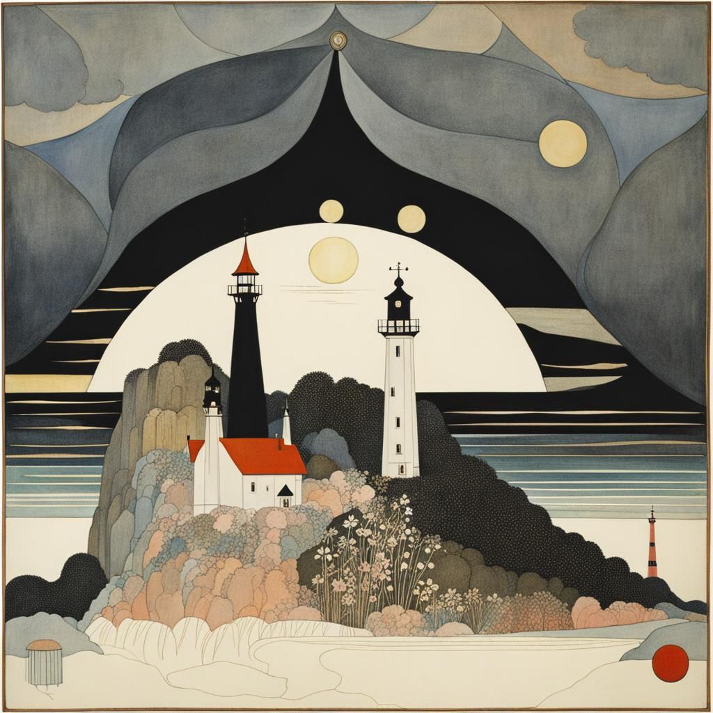 Lighthouse on a steep flowering cliff, sunset, by Kay Nielse...