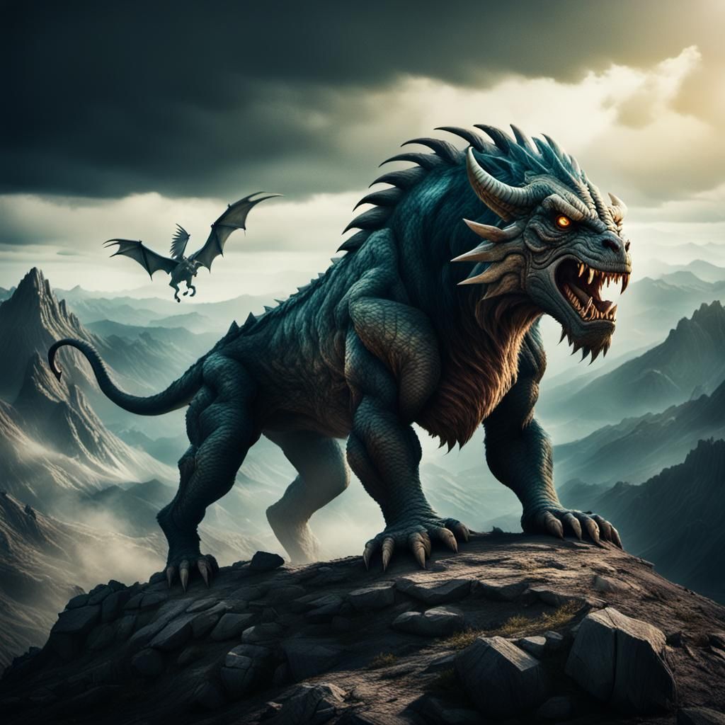 Chimera, a mystical beast, is surrounded by evil forces on top of the mountain range