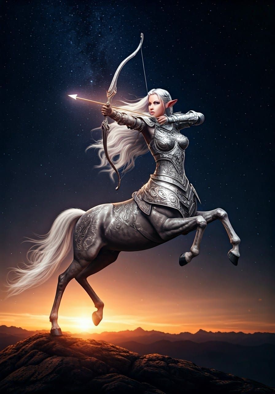 A majestic female centaur with bright silver colors and long shiny silver hair in armor, leaping into ...  by @Ima