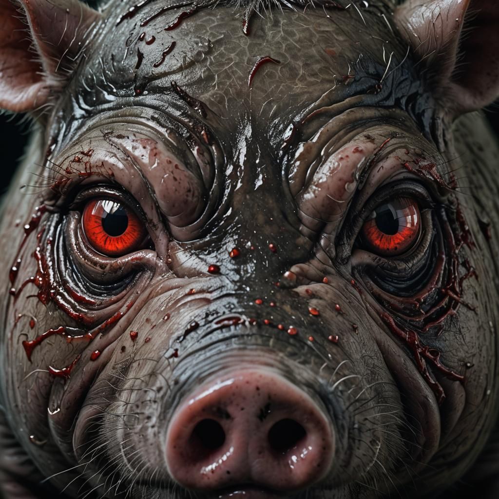 Dark Surrealism: Pig Face with Red Eyes