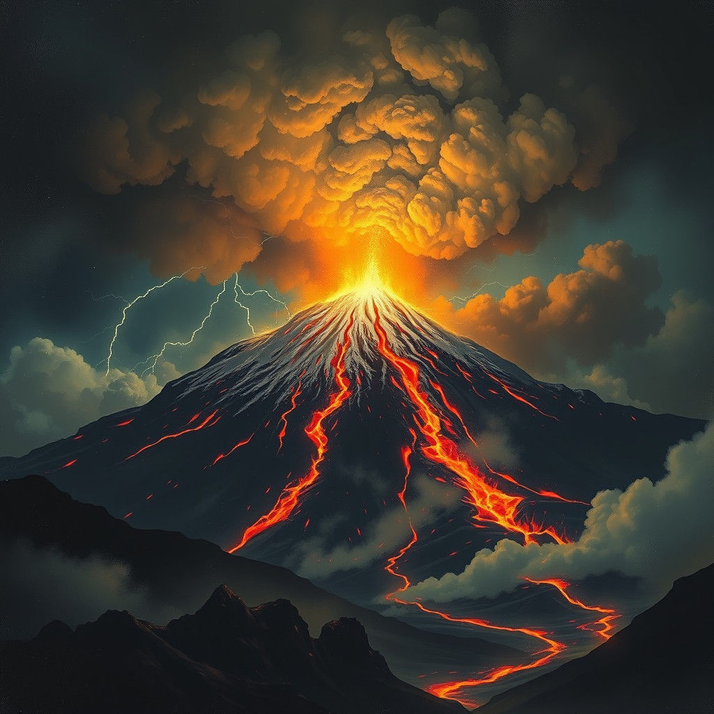 Volcanic Eruption Amidst Thunderstorm, Dramatic Landscape