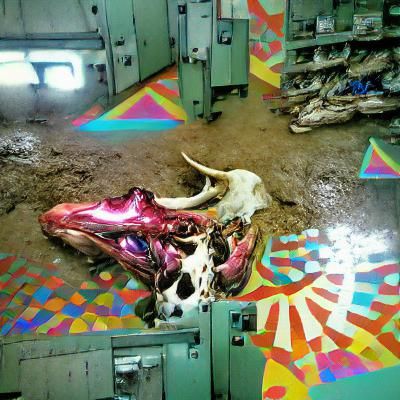 Cow skull on floor of bloodly slaughterhouse; meat is still ...