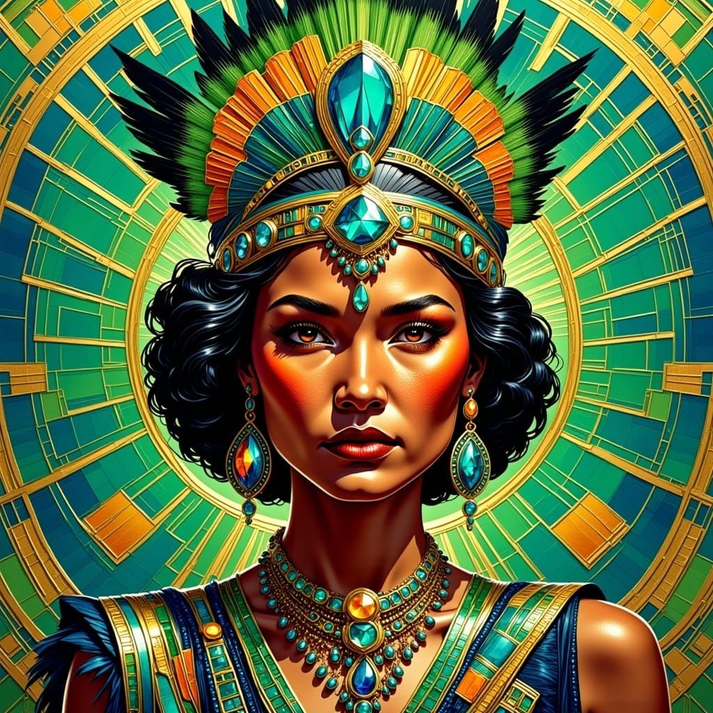  <lora:Native Art Deco:1.0> art Deco portrait of a native woman in Gold, peacock blue and emerald green