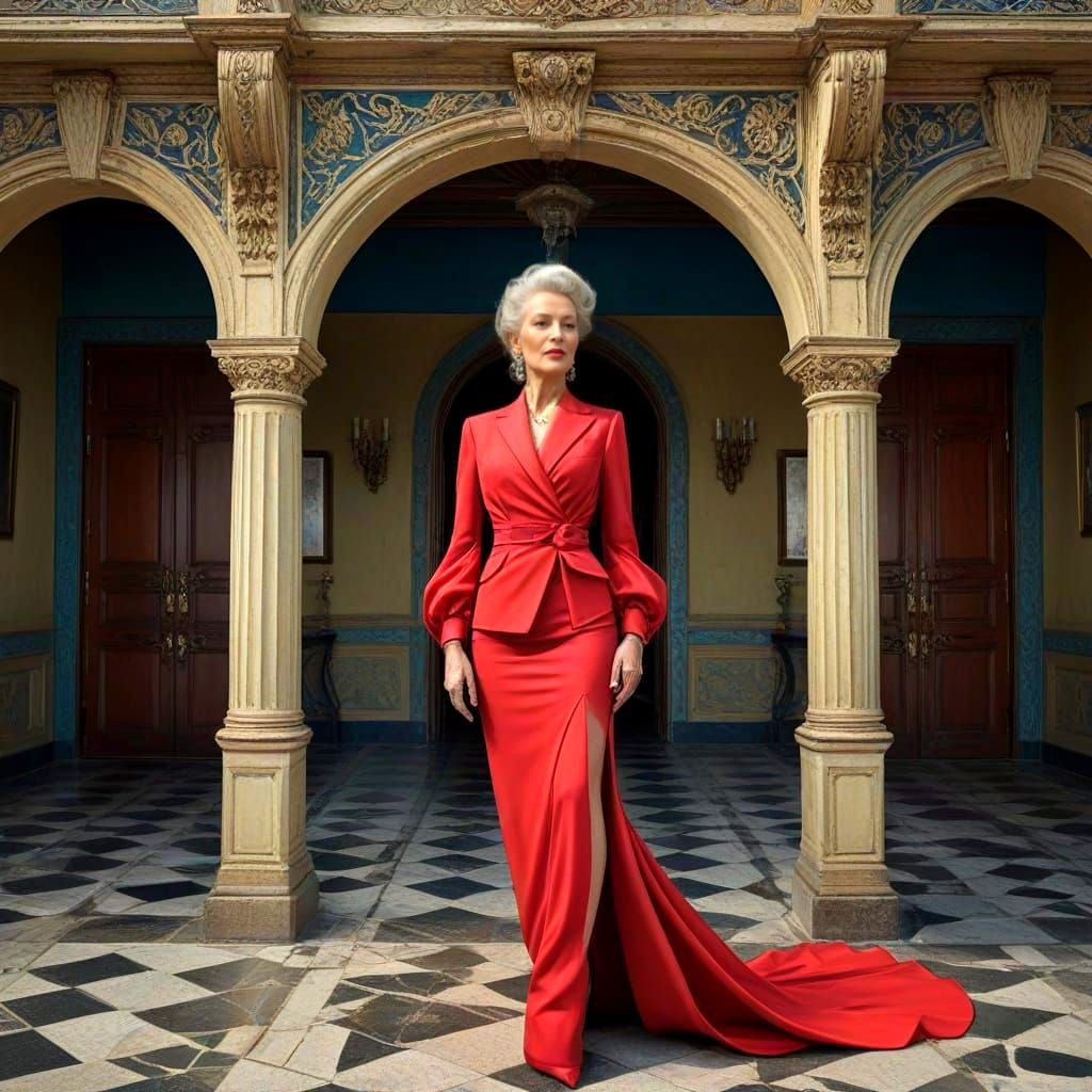 Elegantly Dressed Lady in Surreal Landscape