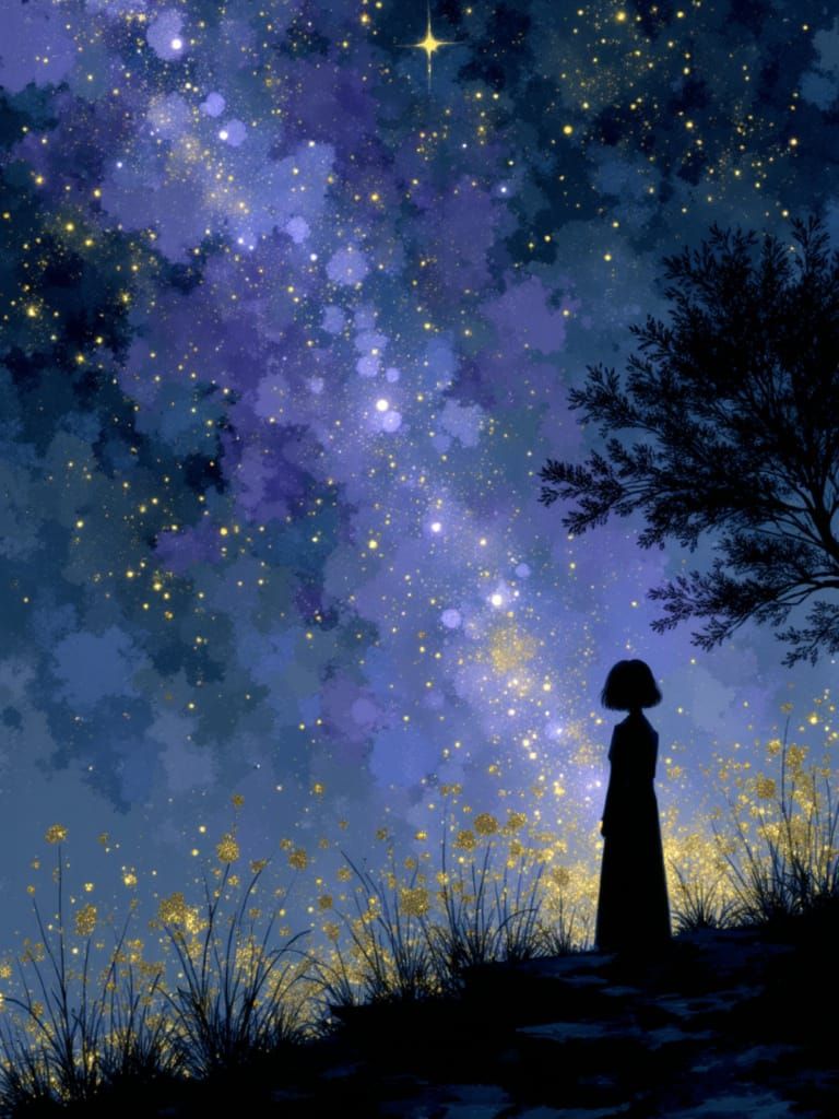 Sitting under a starry night <lora:Give me reason:1.0>