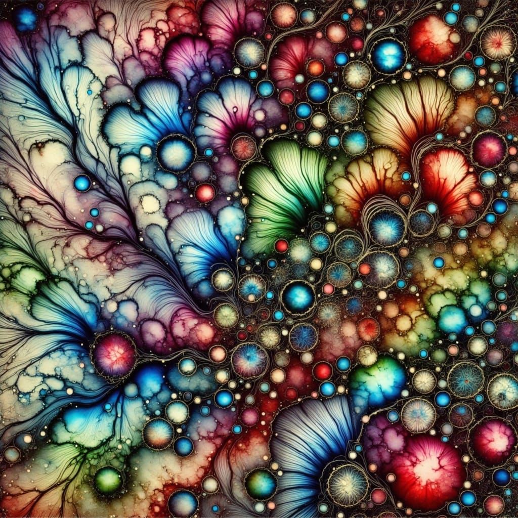 <lora:Alcoholic Inks:1.5> A stunning portrait of a goth woman with pale skin and dark makeup, wearing an intricate black lace outfit paired...