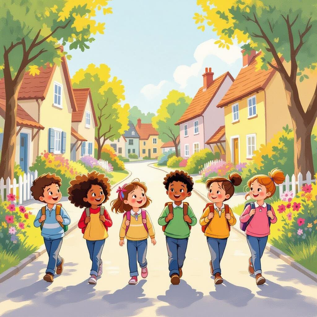 Children Walk to School in Sunny Village