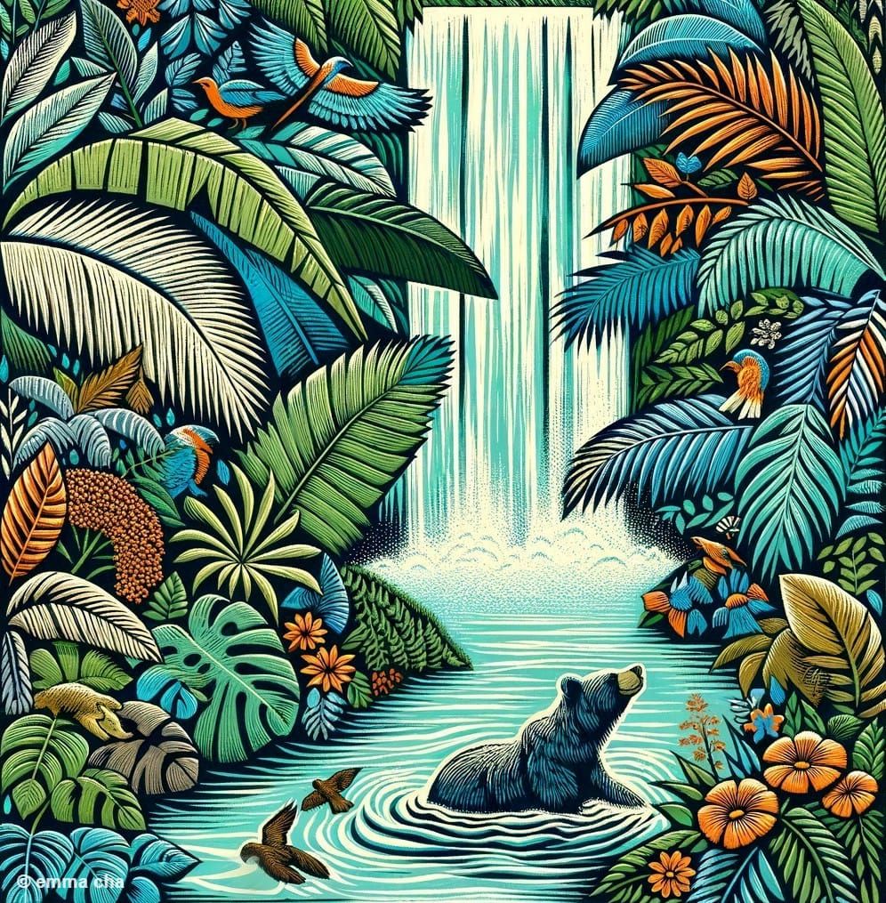 Bear enjoying wild life at a waterfall in paradise on earth