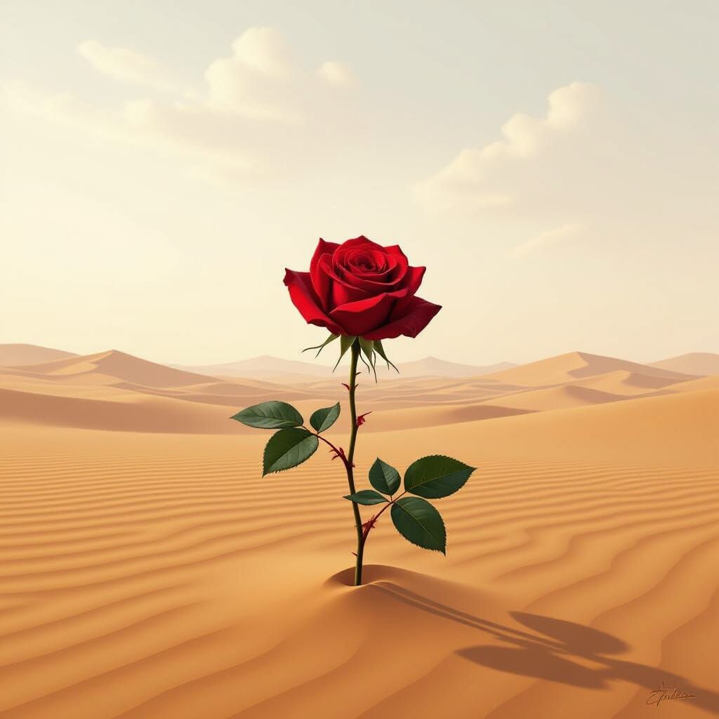 Wilting Rose in Barren Desert Hyperrealistic Digital Paintin...